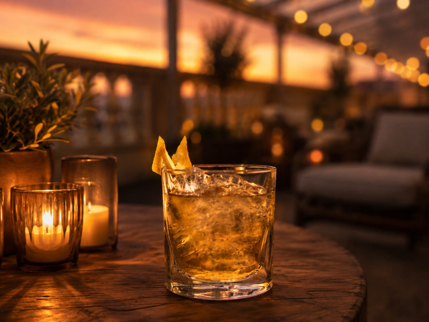 Handgemachter Cocktail bei Sonnenuntergang auf der Dachterrasse