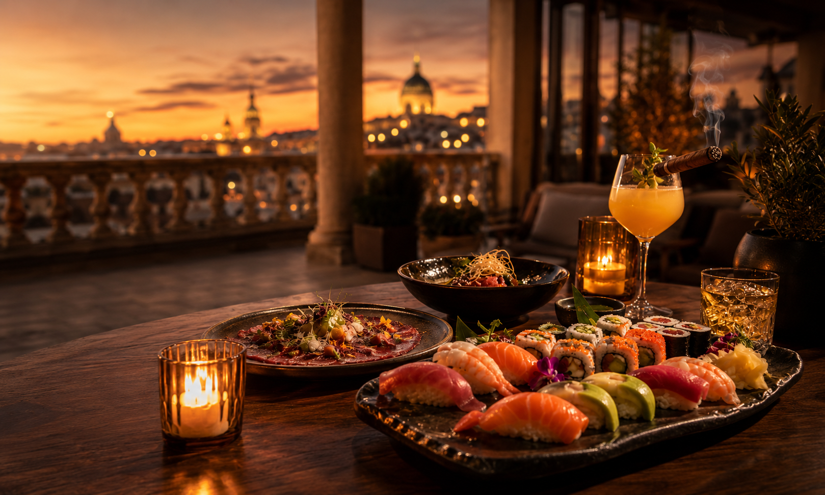 Feine Speisen und Sushi auf der Dachterrasse mit Blick über Wien